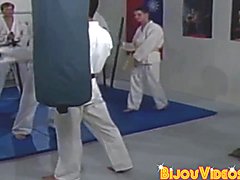 Karate hunk drilled without condoms before his body is semen-showered